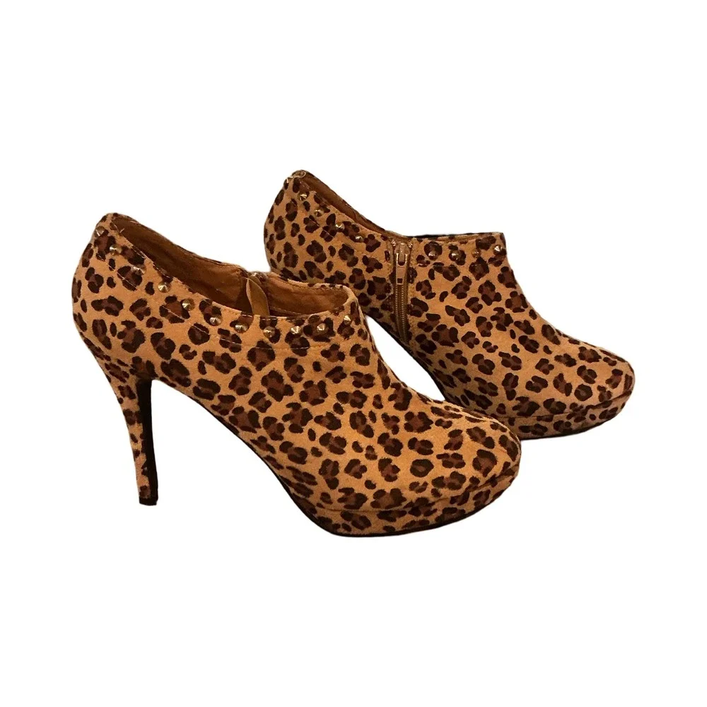 Deb Leopard Print Studded Platform Ankle Booties Stiletto Heels Brown Tan Sz 12